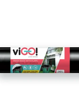Vysoce Kvalitní Vigo pytle na odpadky s uchy, 240 l, 110x130 cm, LDPE, černé, 10 ks, 40 µm