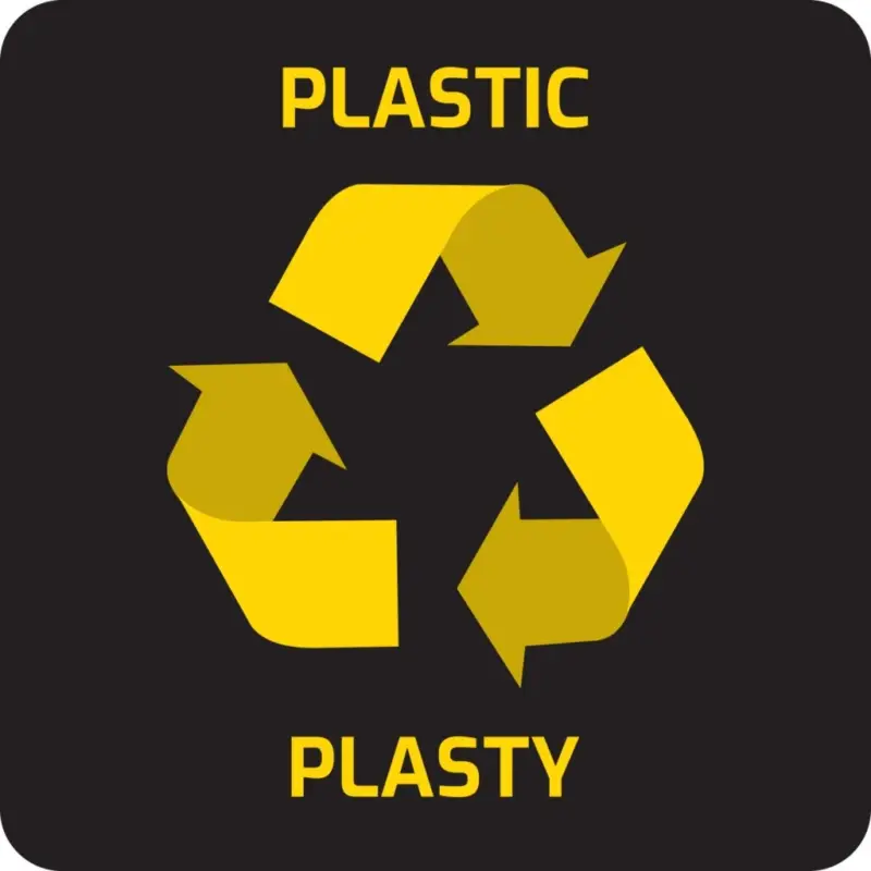 Sleva Samolepka na odpadkový koš BLACK pro tříděný odpad - PLAST, žlutá, 8 x 8 cm,CZ/EN