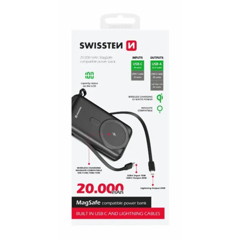 Swissten Powerbank PD 20000 mAh 20W s integrovanými kabely USB-C a lightning (kompatibilní s MagSafe) Nakupujte Hned