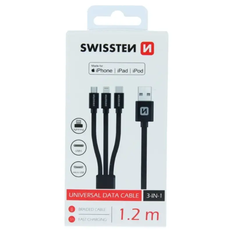Ihned K Objednání Swissten tkaný kabel 3v1 MFI 1,2 m (Lightning, USB-C, Micro USB) - černý