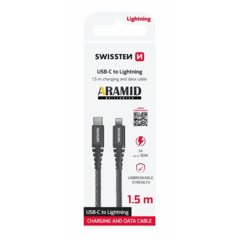 Swissten datový kabel Aramid Reinforced USB-C/Lightning 1,5m - antracitový Odeslání Ihned