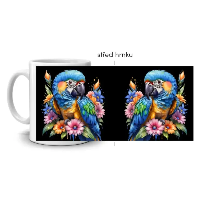 Bílý keramický hrnek 330ml s obrázkem - tropický ara ararauna (tmavý motiv) Originální