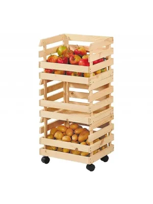 Vrácení Zdarma Dřevěný regál na ovoce a zeleninu, 3 stohovatelné bedýnky, 37x30x80